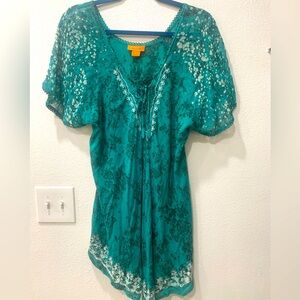 Sakkas Ash Speckled Tiedye Embroidered Cap Sleeve Blouse Top With Embroidery Hem